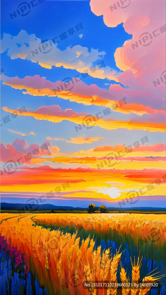 蓝天 白云 麦穗 大型油画