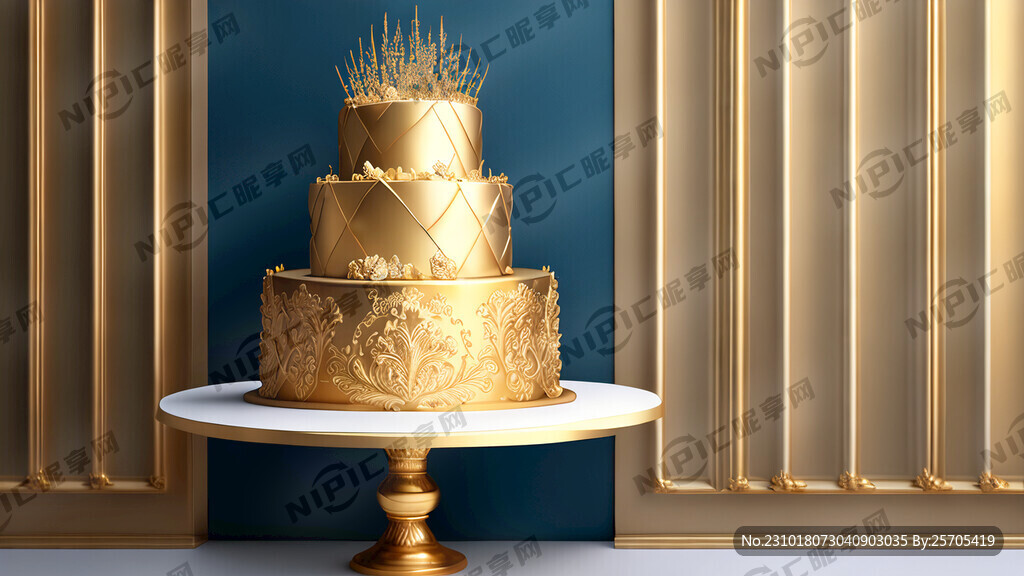 金色蛋糕 白墙 彩带 摆台