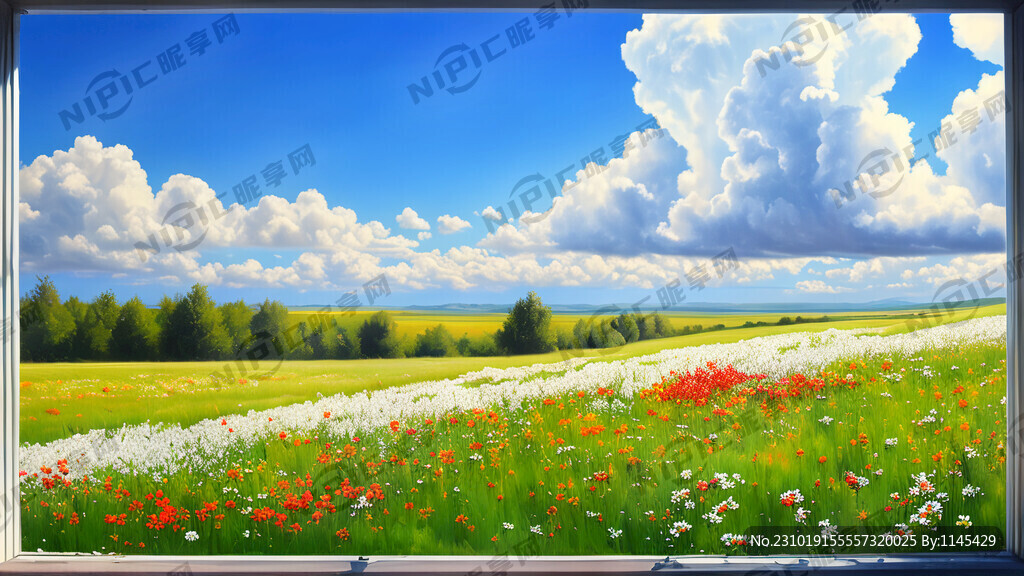 窗外景色 绘画 仿真 风景 花