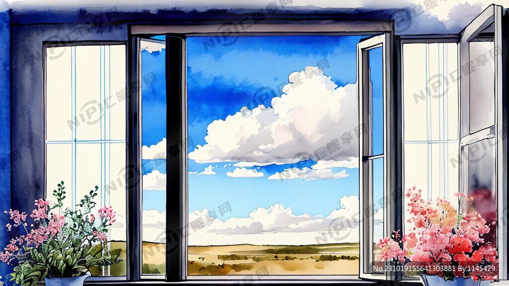 窗外景色 绘画 仿真 风景 花