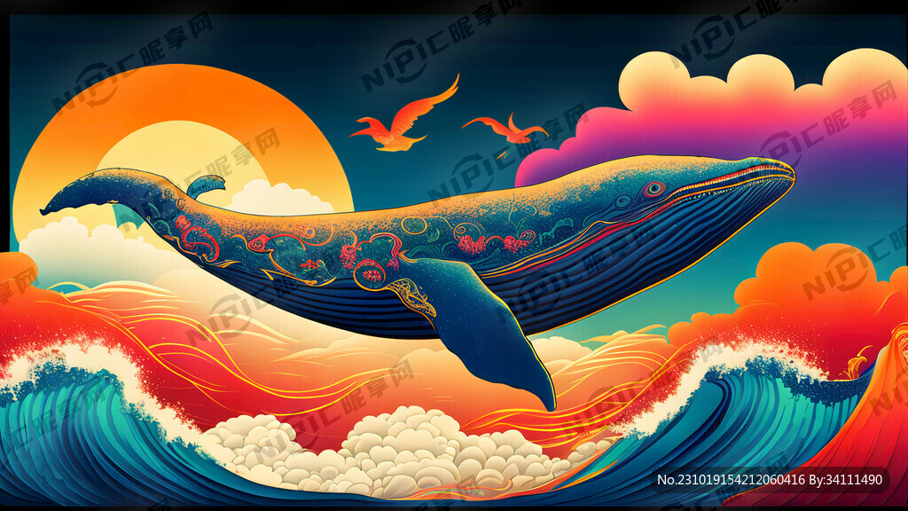 国潮风格 海浪 大山 祥云