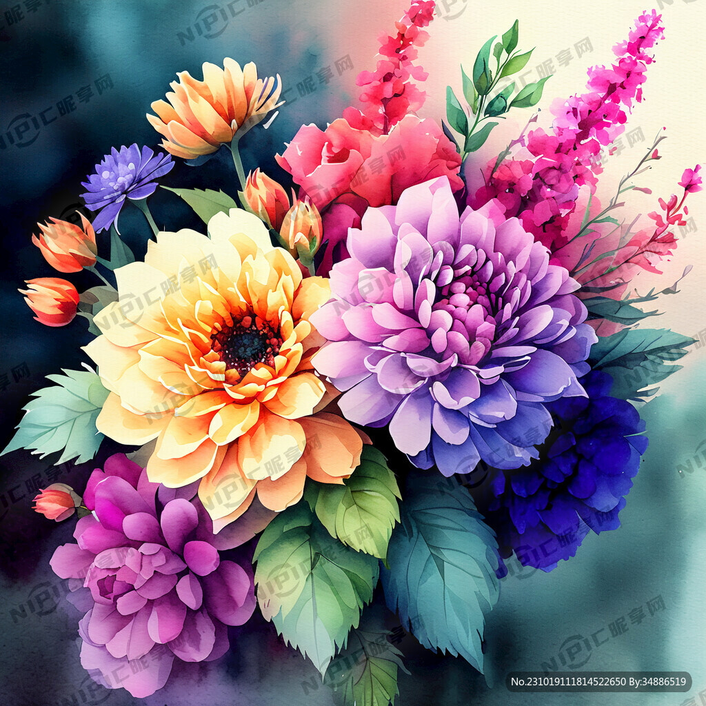 多束水彩花颜色丰富鲜亮