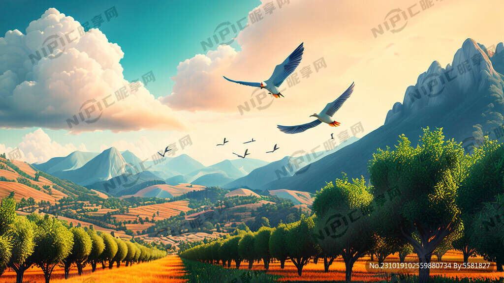 橙色柑橘园蓝天白云绿水青山飞鸟