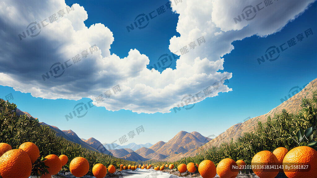 橘子果园蓝天白云小山河流