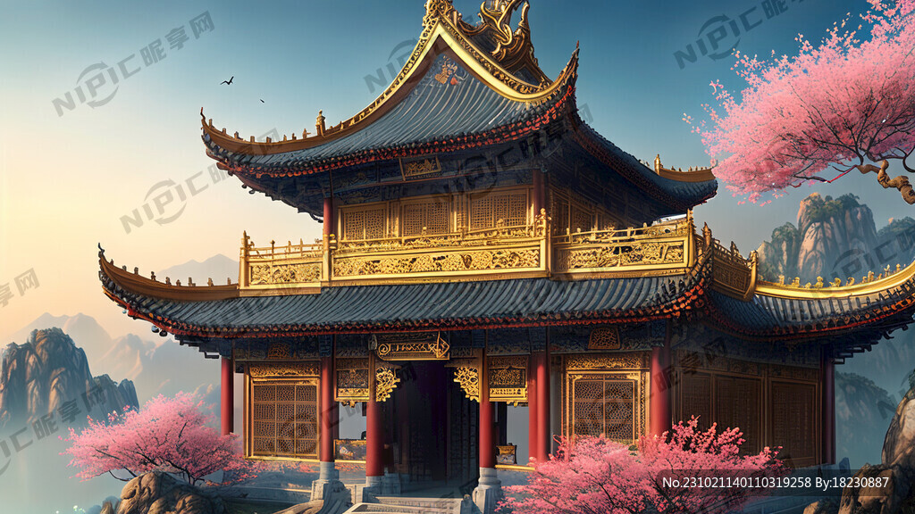 山水古建筑意境 鎏金 超高清