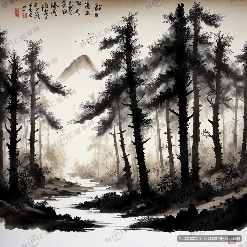 水墨大片树林