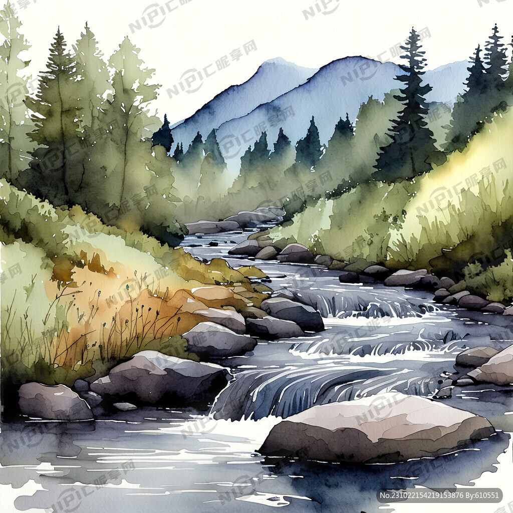 清澈见底的溪水水彩画