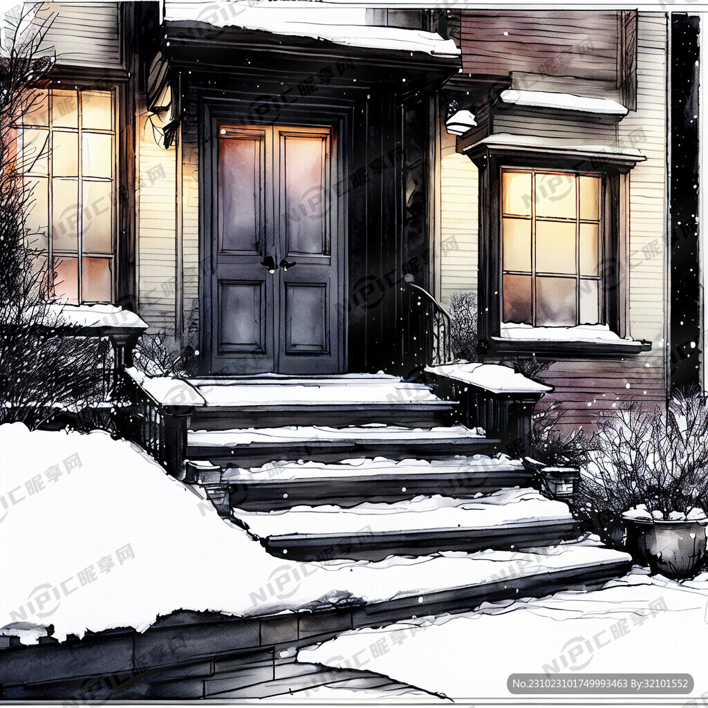 美国城市独家住宅家门口 下着雪