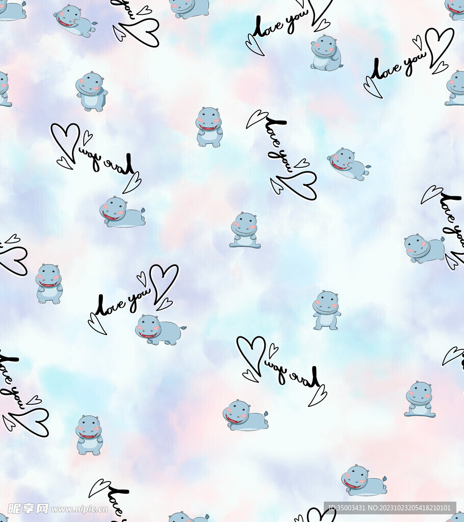 扎染底纹  卡通小河马  