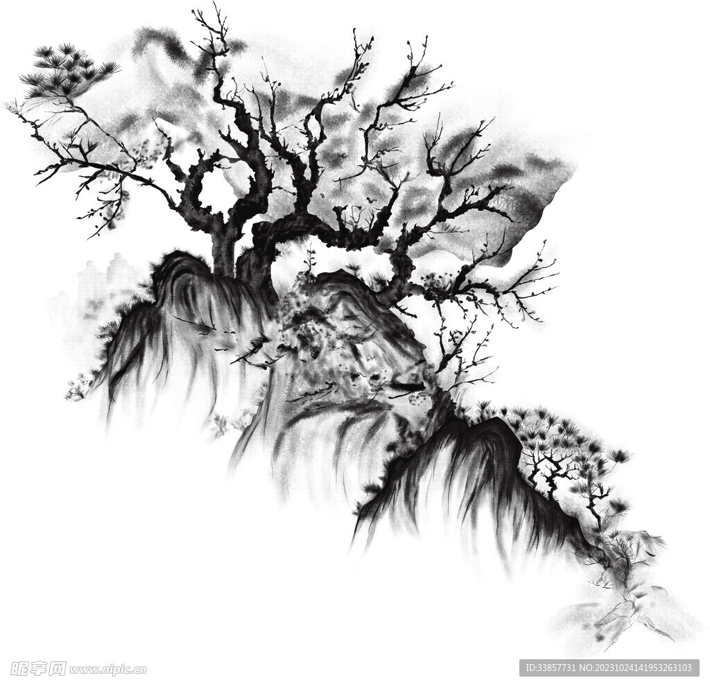 手绘花 水墨 山水画 数码印花