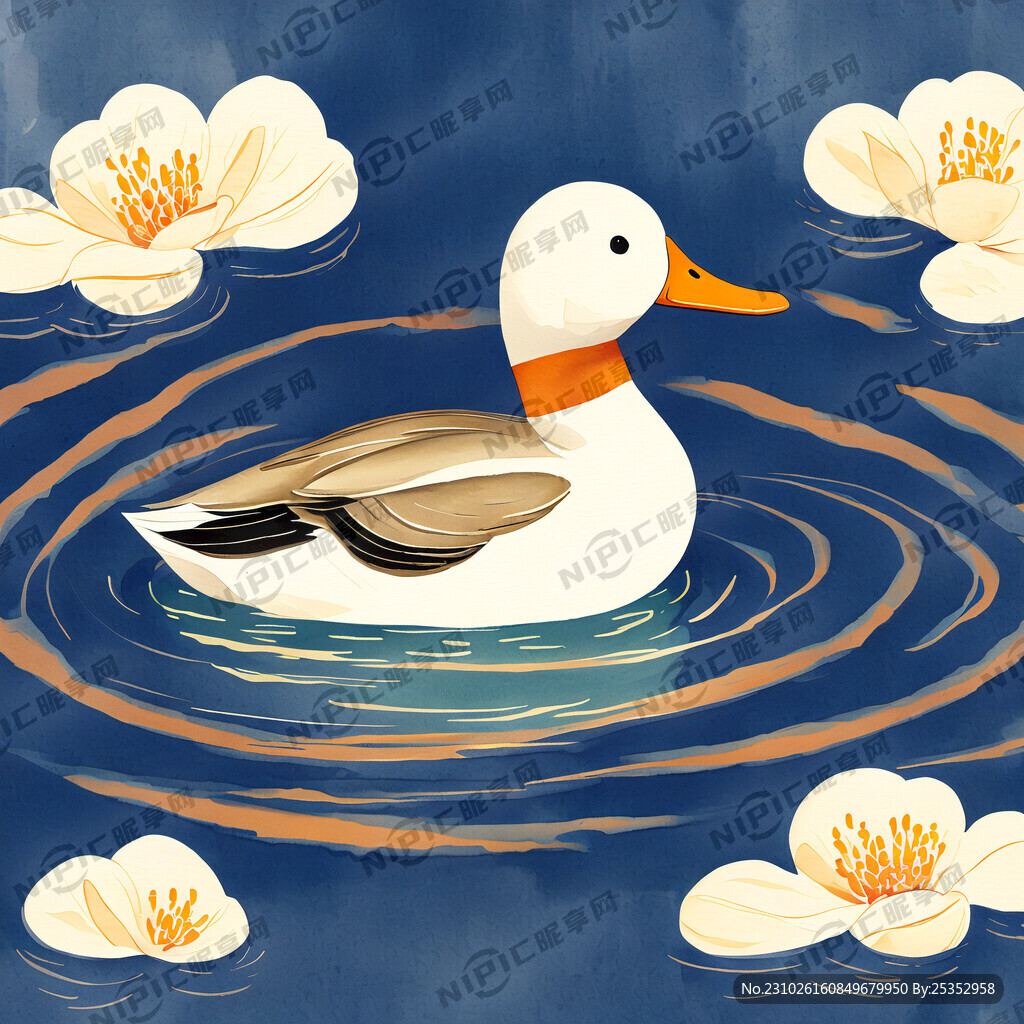 游泳的鸭子国潮风插画鸭头朝前完