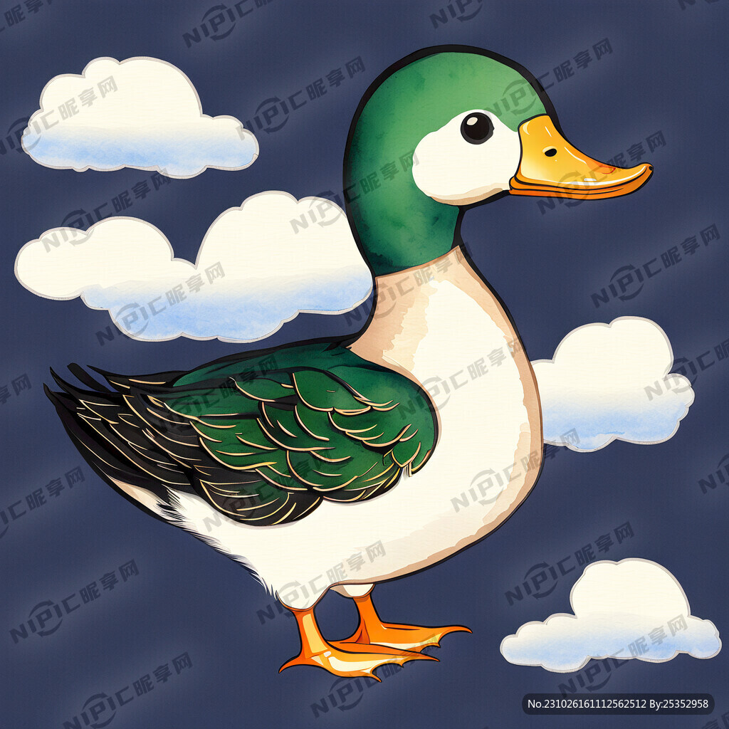 鸭子国潮风扁平风插画鸭头朝前完