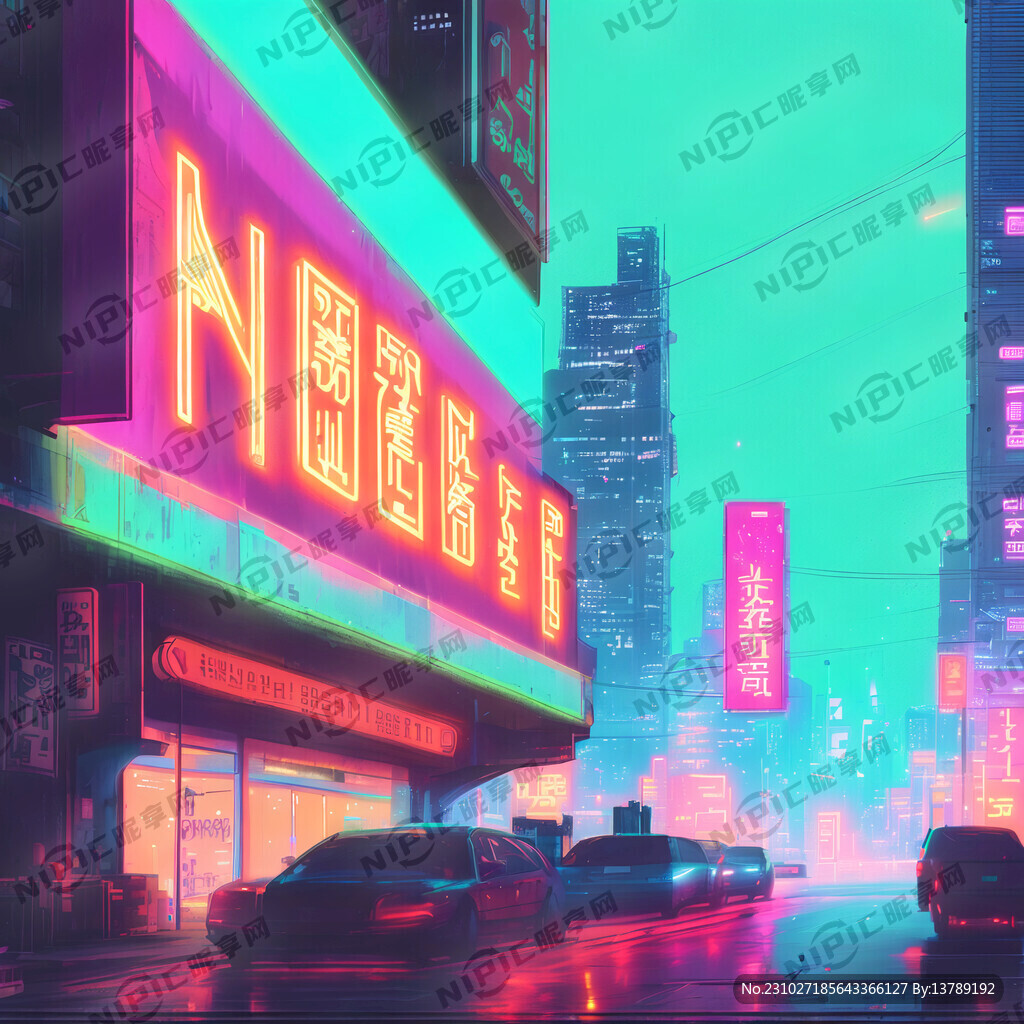 在一个满是霓虹灯的城市夜晚的背