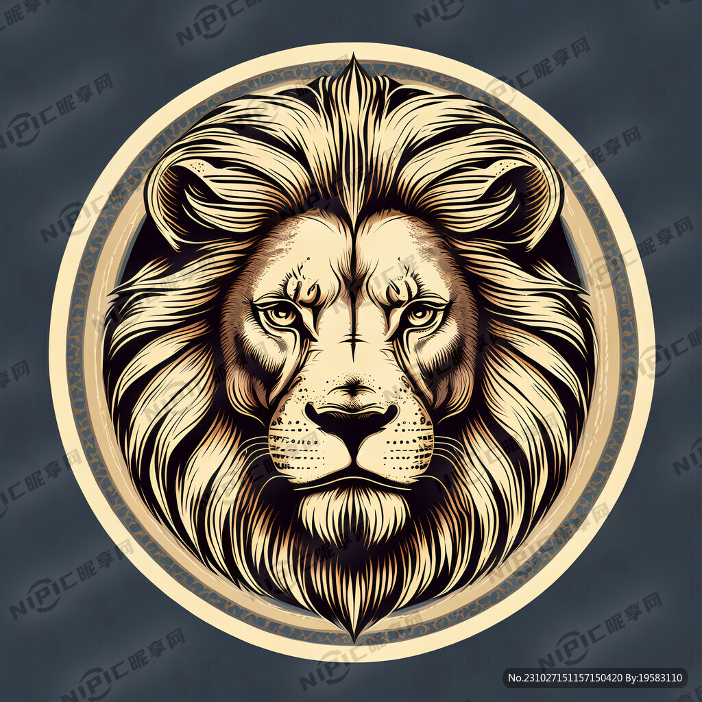 复古狮头 正面 圆形 矢量