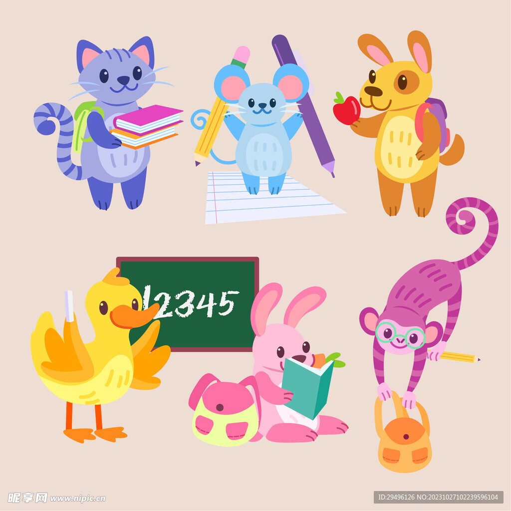 卡通动物上学