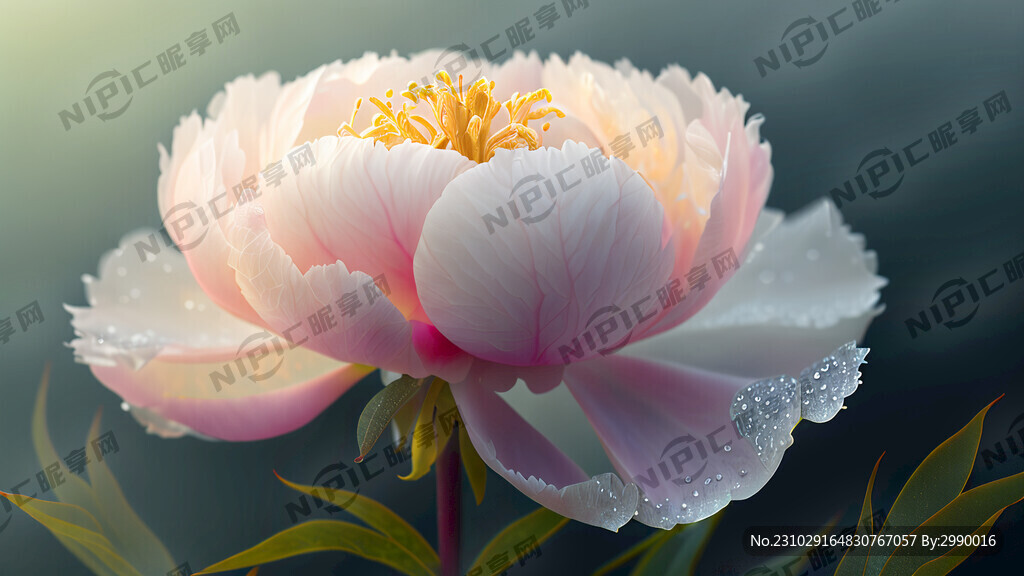 清晨的薄雾中牡丹花海带着露珠盛