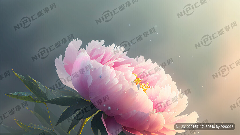 清晨的薄雾中大片的牡丹带着露珠