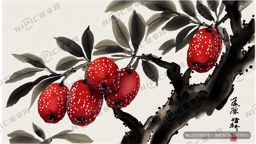 树上长着红枣  水墨画 中国风