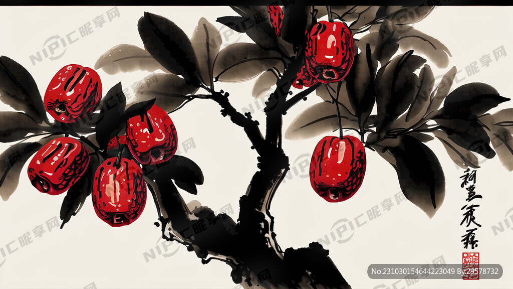 树上长着红枣  水墨画 中国风
