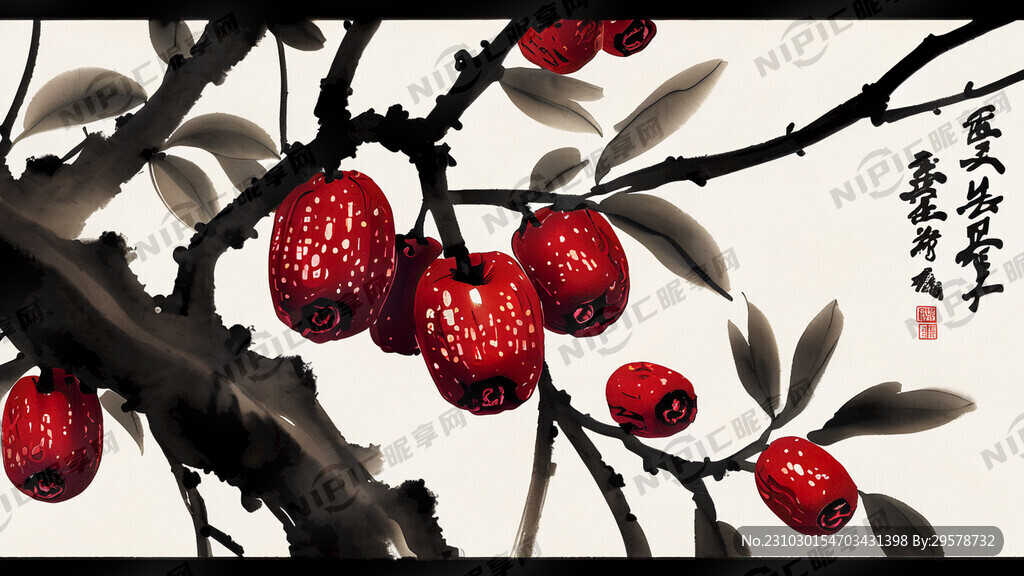 树上长着红枣  水墨画 中国风