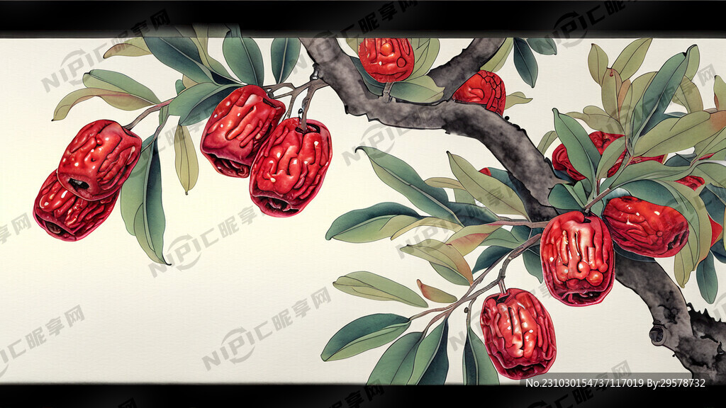 树上长着红枣  空间感 水墨画