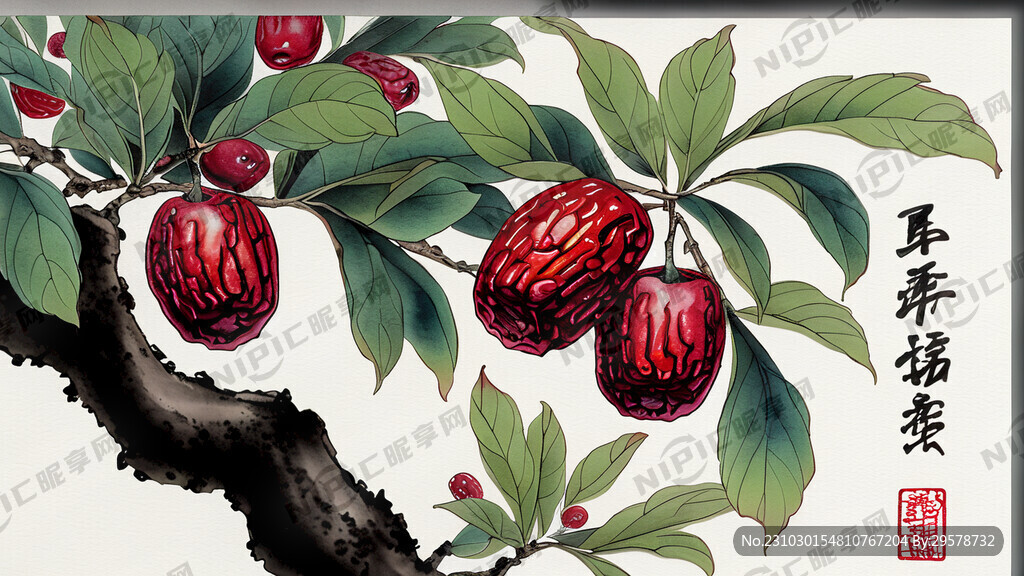 树上长着红枣  空间感 水墨画
