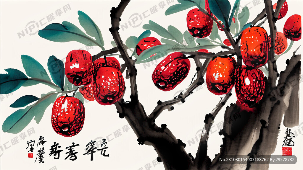 树上长着红枣  空间感 水墨画