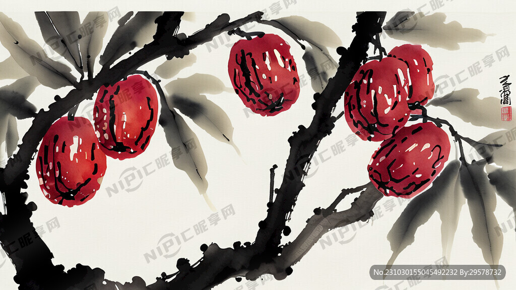 树上长着红枣  空间感 水墨画