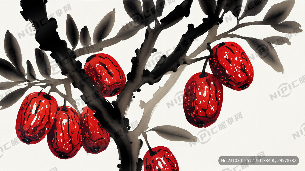 树上长着红枣  空间感 水墨画