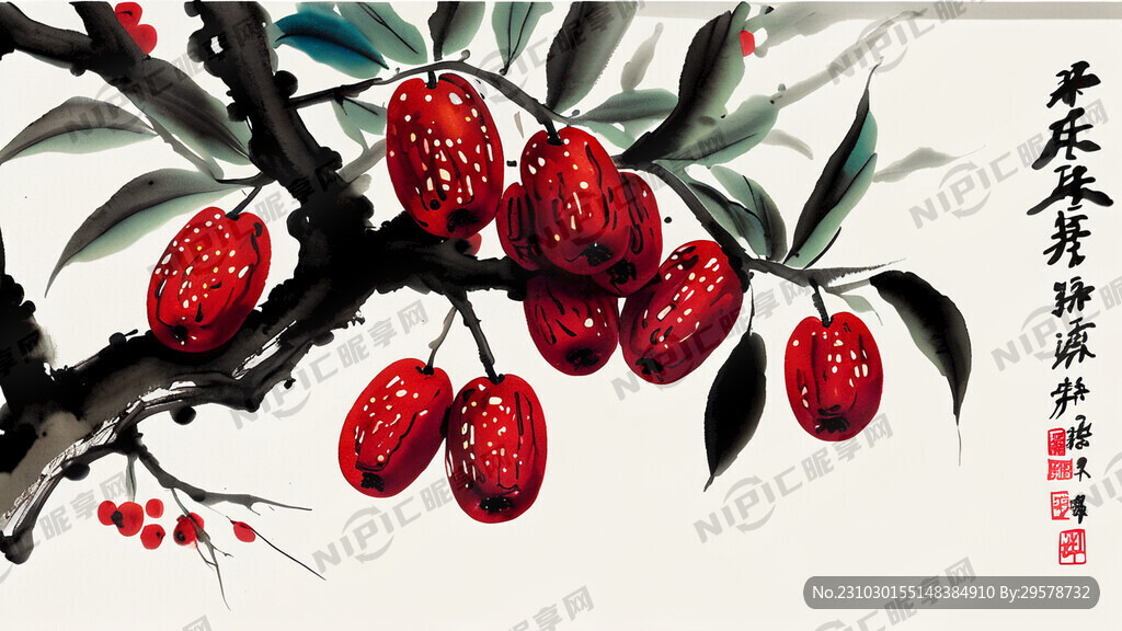 树上长着红枣  空间感 水墨画
