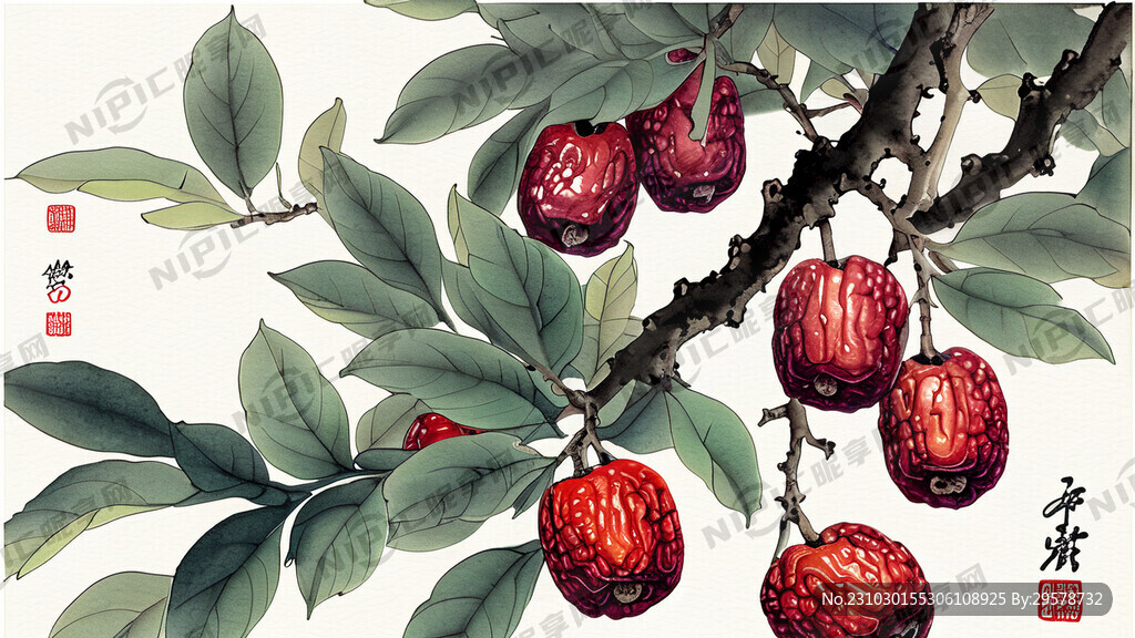 树上长着红枣  空间感 水墨画