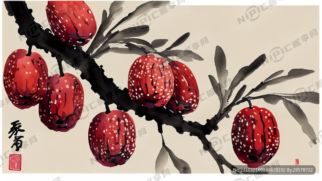 树上长着红枣  空间感 水墨画