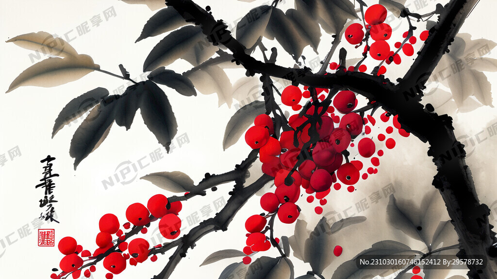 树上长着红豆  空间感 水墨画