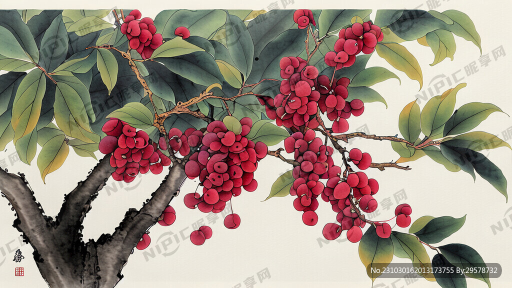 树上长着红豆  空间感 水墨画