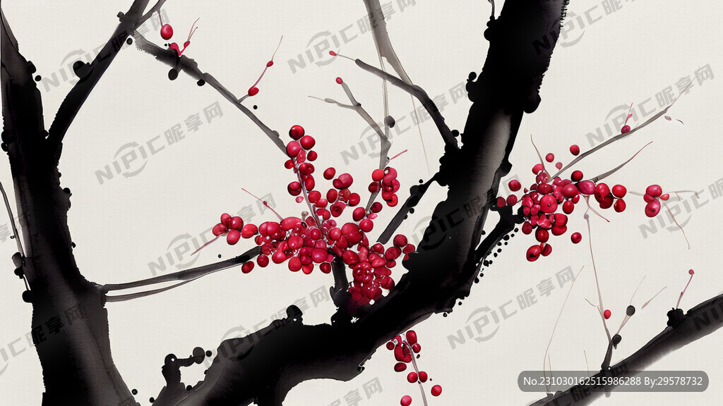 树上长着红豆  空间感 水墨画