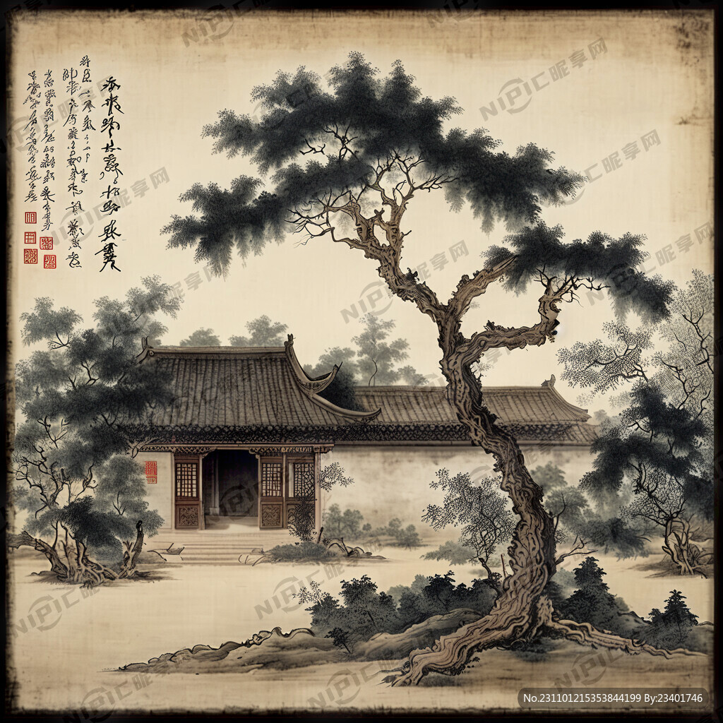 清朝古画园林树单颗