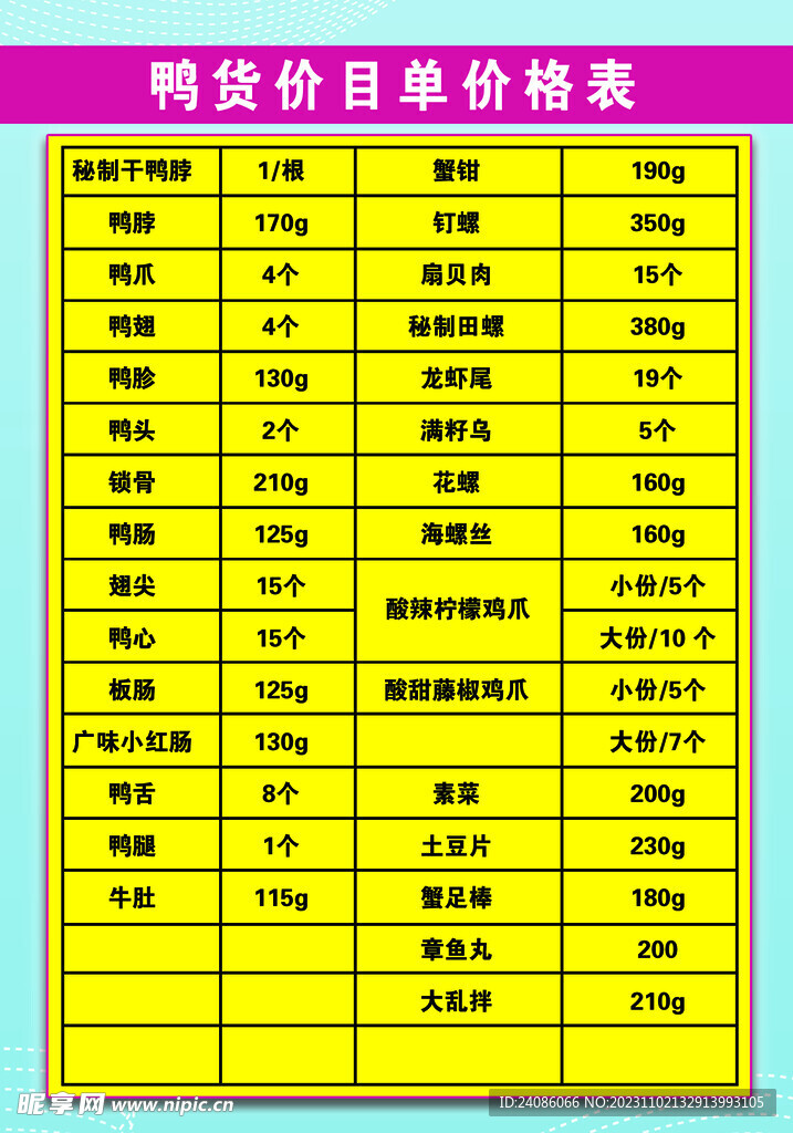 鸭货价目单