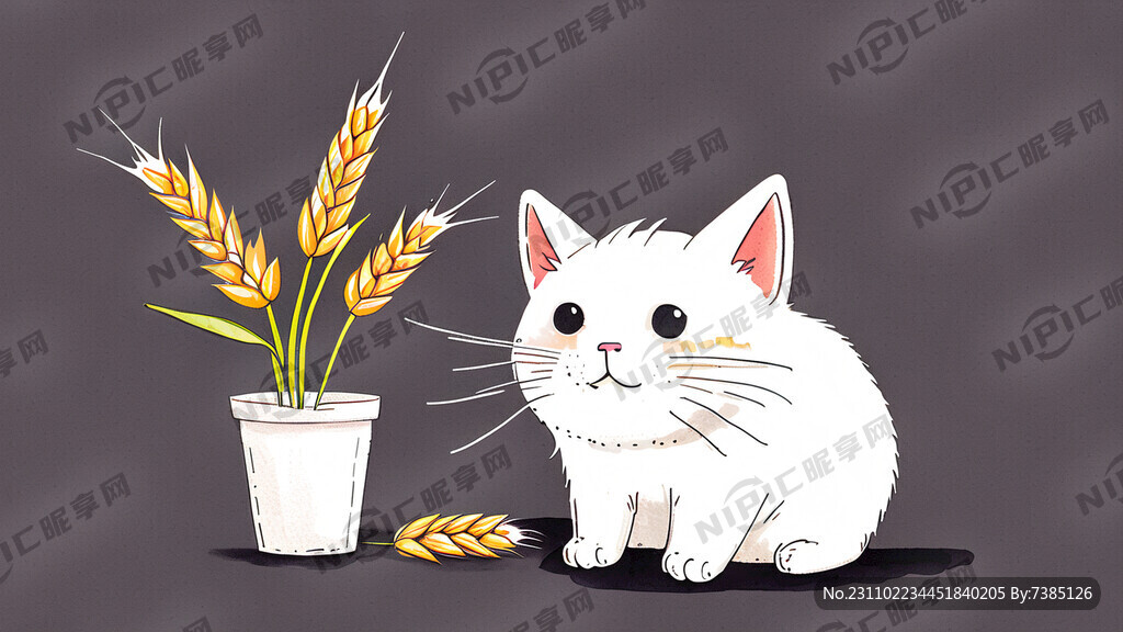 猫咪 白色 小麦苗 吃苗 插画