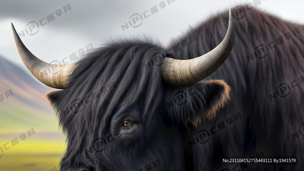 青藏高原黑牦牛 特写 侧身扭头