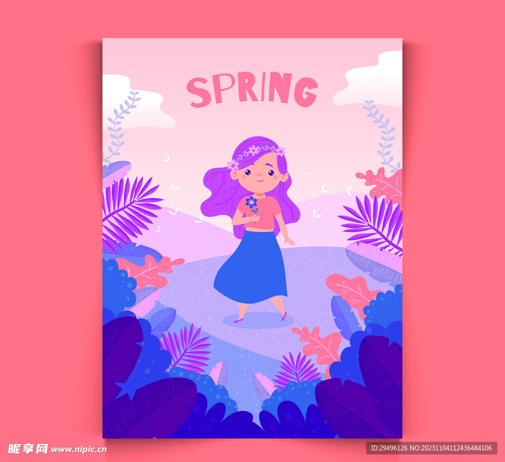 卡通小女孩户外风景画