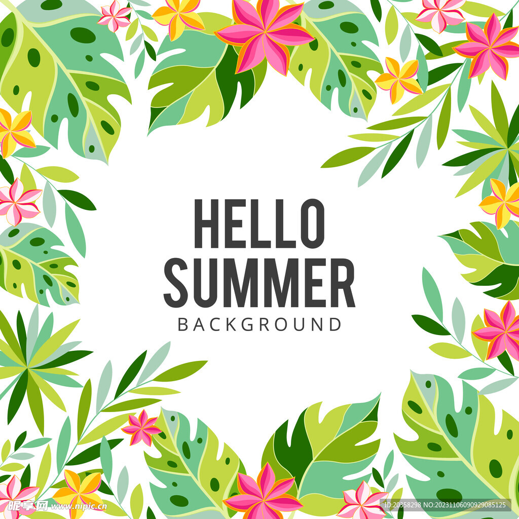 热带花卉和棕榈树夏天背景