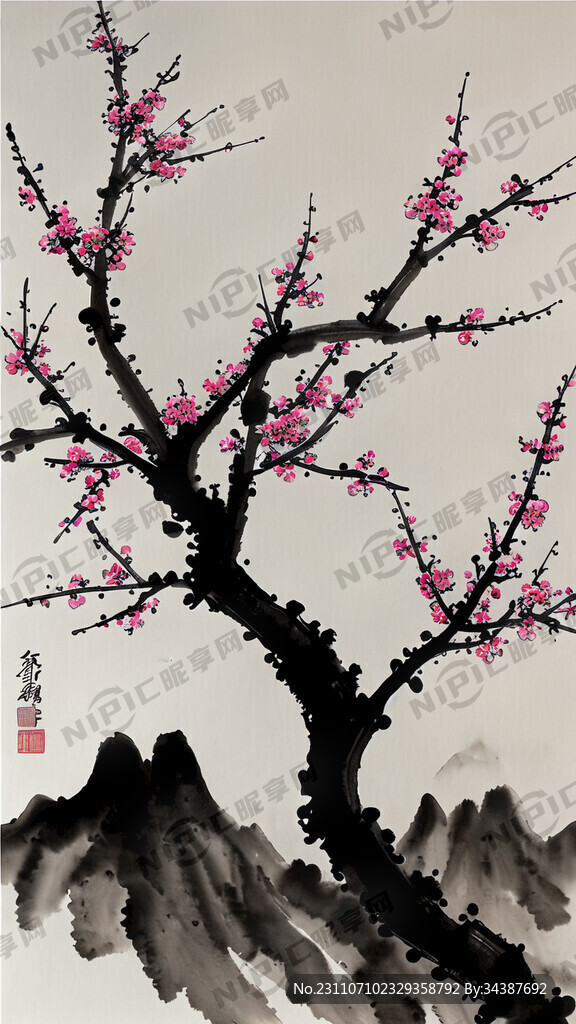 水墨画 梅花 山 鸟