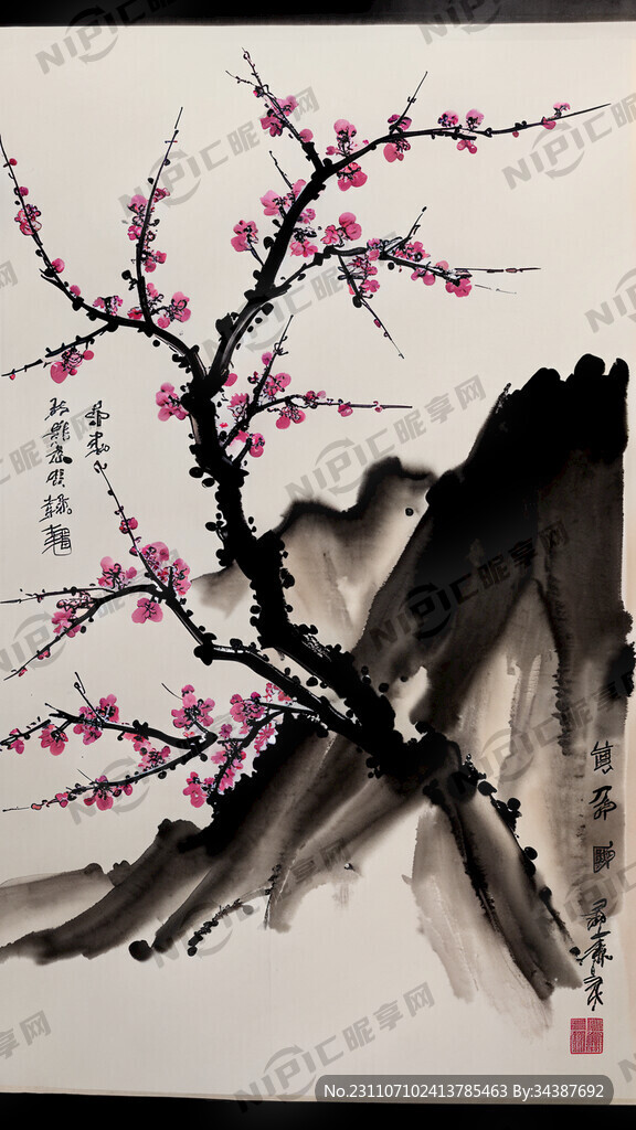 水墨画 梅花 山 鸟