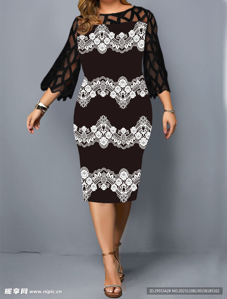 大牌数码印花外贸女装黑白花朵