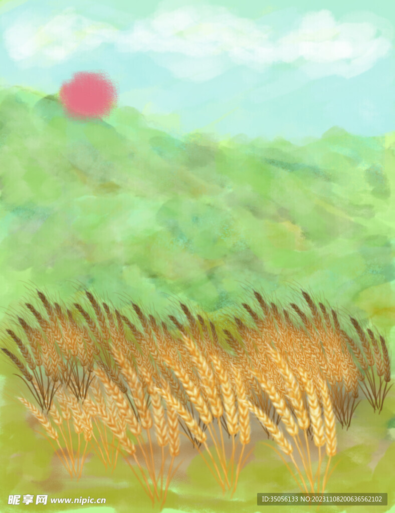 手绘风景青山麦田