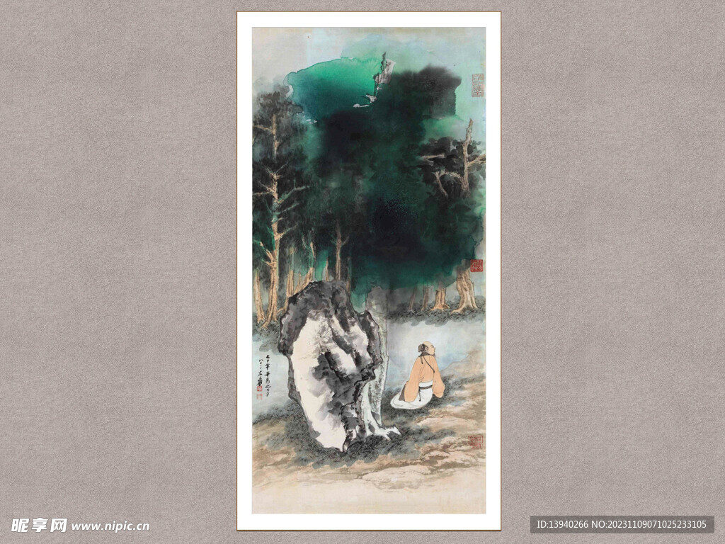 泼彩林霭高士图