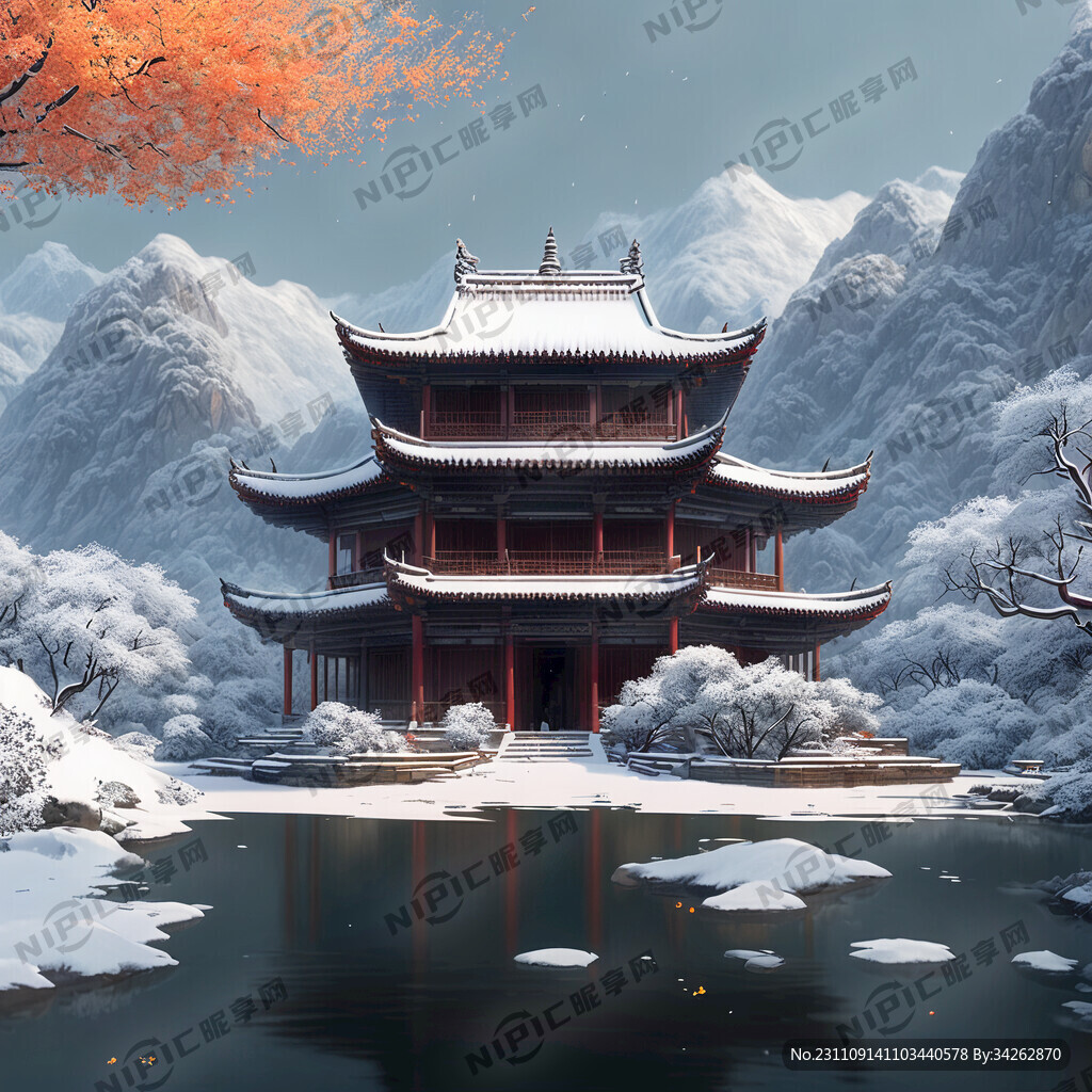 白雪 山水 寺庙 中式建筑