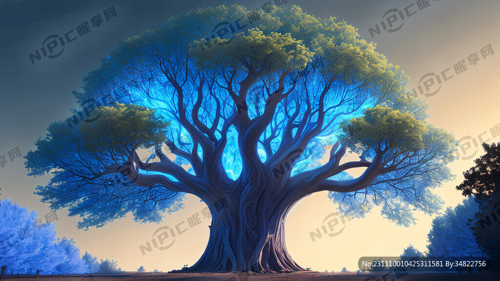 巨大的蓝色发光漩涡型树冠的大树