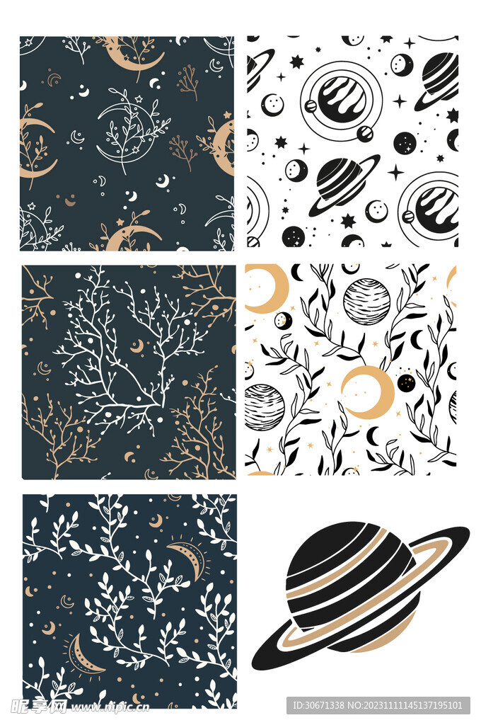 神秘星系月亮星星手绘剪贴画矢量