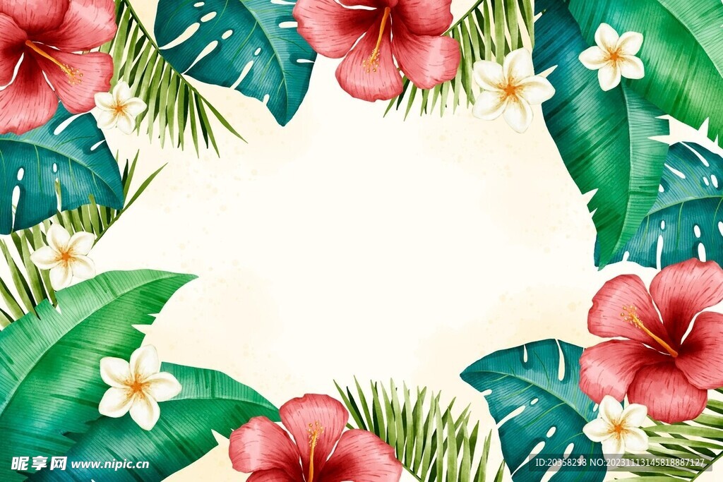 手绘水彩热带树叶背景